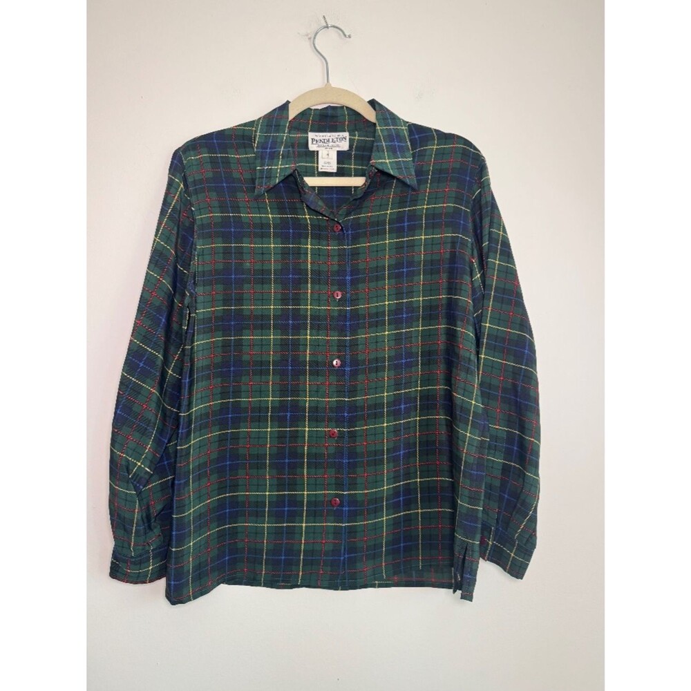 Vintage Pendleton 100% Silk Green Tartan Plaid Button Down Shirt | Size 4 Petite